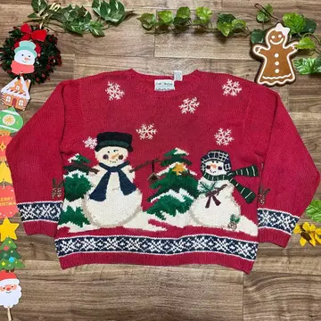 빈티지 빨간색 니트 스웨터 눈사람 크리스마스 패턴 XL