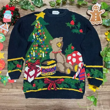 Rafaella 빈티지 블랙 니트 스웨터 곰 무늬 선물 크리스마스