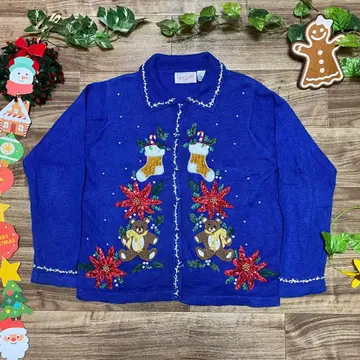 빈티지 니트 가디건 곰 베어 크리스마스 패턴