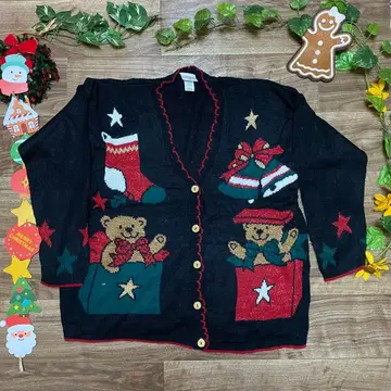빈티지 블랙 니트 가디건 곰 무늬 선물 크리스마스 패턴 USA 제조