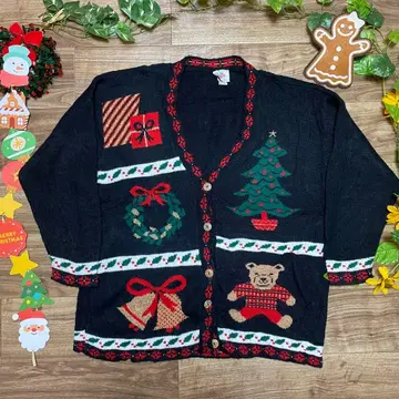 빈티지 블랙 니트 가디건 곰 무늬 선물 크리스마스 패턴 USA 제조