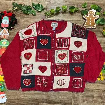 빈티지 니트 가디건 하트 크리스마스 무늬
