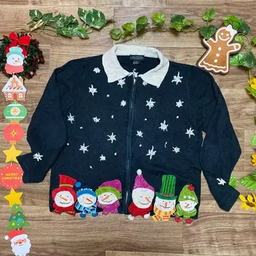 빈티지 블랙 니트 가디건 눈사람 크리스마스 패턴