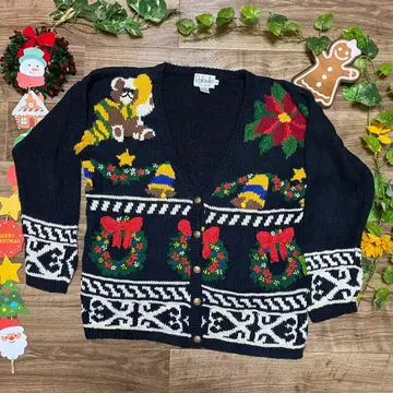 Rafaella 빈티지 블랙 니트 가디건 크리스마스 패턴
