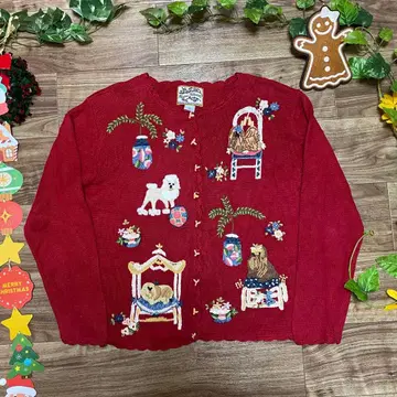 레어 빈티지 빨간색 니트 가디건 강아지 패턴