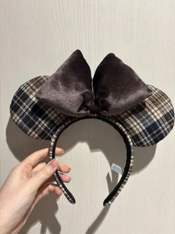 도쿄 디즈니 리조트 체크 무늬 머리띠 리본 파랑 브라운