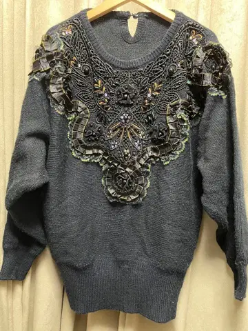 레트로 빈티지 니트 비즈 레이스 블랙 돌먼