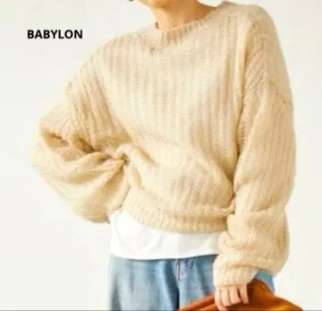 바빌론 라메 모헤어 시어 니트 시스루 편직 복슬복슬 루프얀 베이지