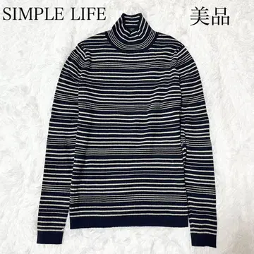 [ 새상품급 ] 스트라이프 터틀넥 스웨터 울 100% 긴팔 네이비