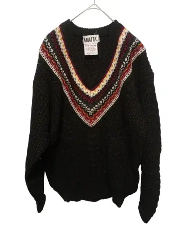 [ N0056 ] 90s LAMATTA 블랙 V넥 손뜨개질 스웨터 M