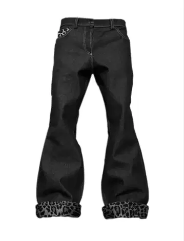 레오파드 무늬 밑단 플레어 데님 팬츠