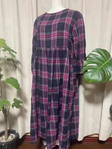 이치 네이비 핑크 체크 무늬 원피스 프리