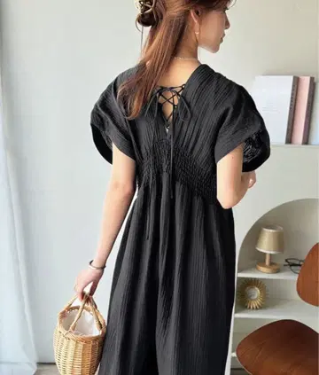 레이스업 백리본 롱 원피스 XL 블랙