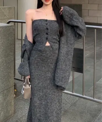 그레이 니트 롱 원피스 단추 상의 포함 가디건, 스커트 3종 세트