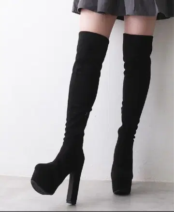 블랙 스웨이드 하이힐 니하이 부츠