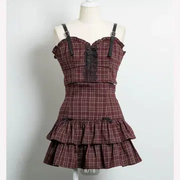 pium 프론트 리본 뷔스티에 셋업 레드 체크