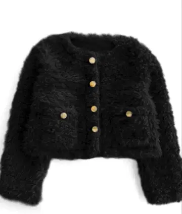 택 포함 새상품 골드 버튼 시보리 퍼 자켓 [on326] 블랙