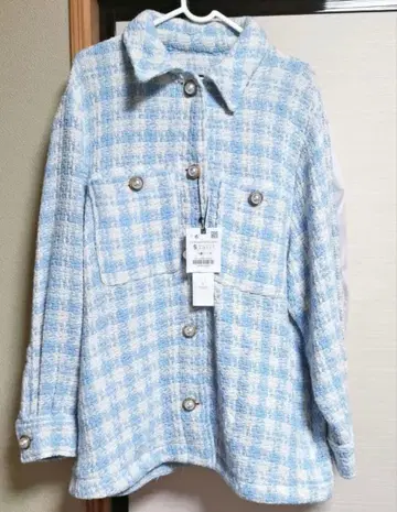 ZARA 파랑과 화이트 체크 무늬 트위드 자켓 S
