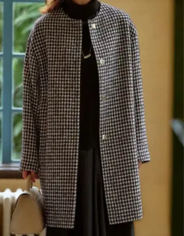 23구 미사용 택 포함 하운드투스 체크 트위드 노카라 코트 38