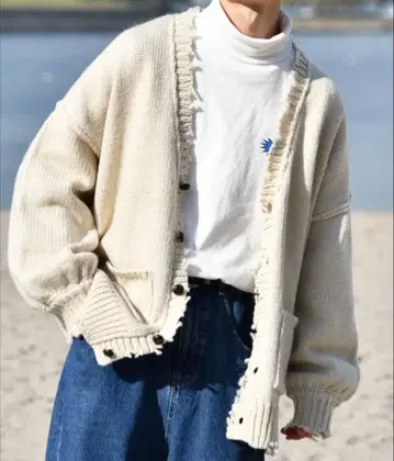 perushu 루즈 데미지 니트 가디건 화이트