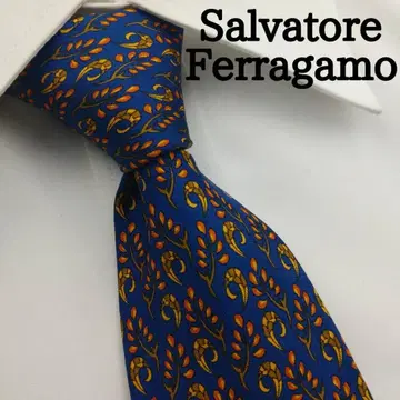 살바토레 페라가모 고급 실크 넥타이 올 패턴 네이비 블루