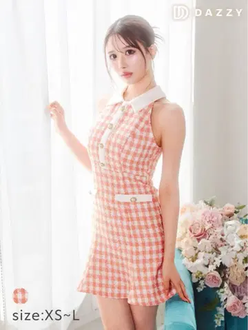 DAZZY 오렌지 체크 하이넥 드레스 XS~L