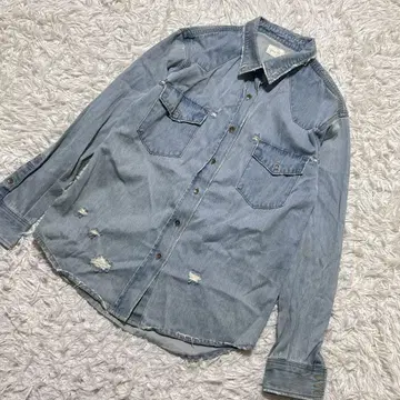 [ c6877 ] 셔츠 긴팔 데님풍 데미지 블루