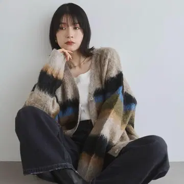 hunch 기모 샤기 보더 니트 가디건 베이지 계열