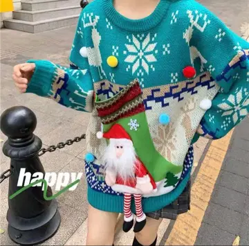 산타클로스 패턴 그린 니트 스웨터 F 사이즈