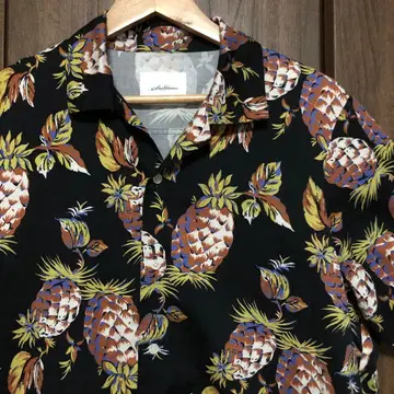 Sea Green 알로하 셔츠 02 L 블랙 파인애플 패턴