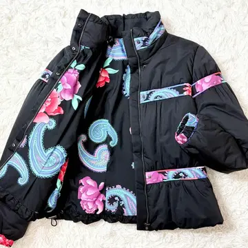 새상품급 레오나르 트림 패딩 자켓 꽃무늬 마카타마 안감 올 패턴 블랙