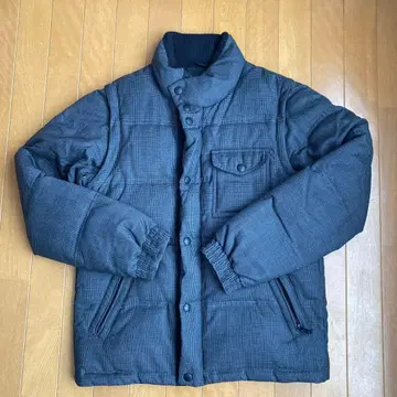 다크 블루 체크 무늬 다운 자켓