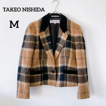 타케오 니시다 테일러드 자켓 M 울 혼방 브라운 긴팔 체크 무늬 273