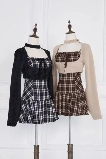 bunnylis 퍼 볼레로 x 체크 미니 원피스 블랙 S 사이즈