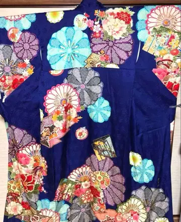 딥 블루 화문양 후리소데 기장 160