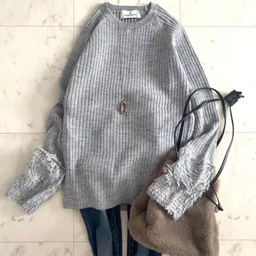 새상품급 모라비토 푸들 퍼 소매 울 리브 니트 그레이 38