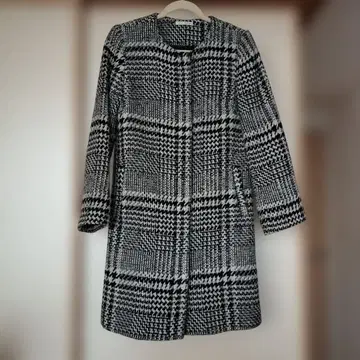 체크 무늬 노카라 롱 코트
