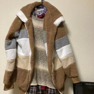 플리스 자켓 후드 부착 스트라이프