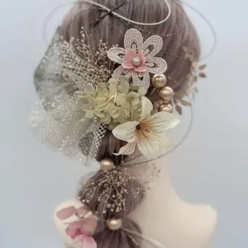 머리 장식 성인식 졸업식 결혼식 골드 베이지 핑크 미즈히키 조화