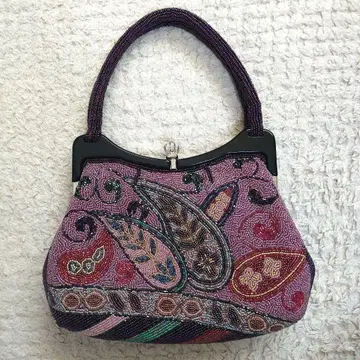 가마구치 일본 의류 비즈 백 쇼와 레트로 핸드백 꽃무늬 총 비즈 퍼플