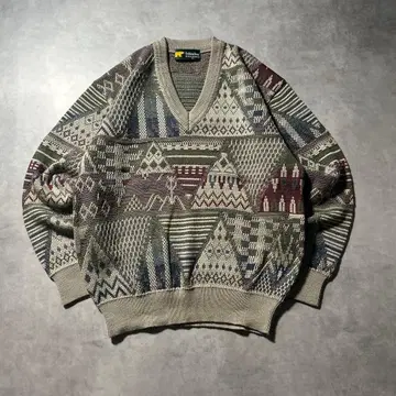 빈티지 올 패턴 V넥 기하학 무늬 레트로 디자인 니트 스웨터