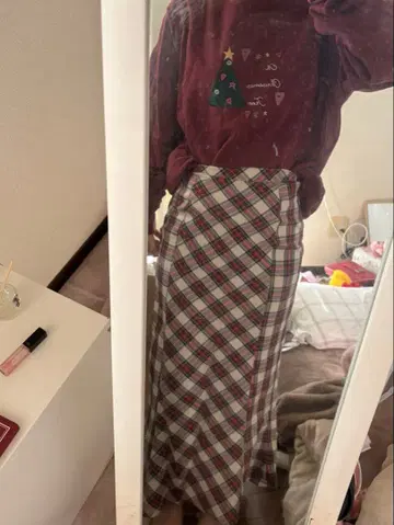 크리스마스 자수 트레이닝복 체크 스커트 세트 코디 판매 구제 의류