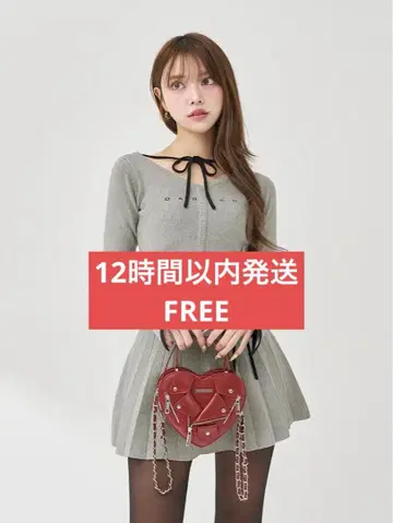 Darich 허리 오픈 리본 디자인 니트 미니 원피스 그레이 F