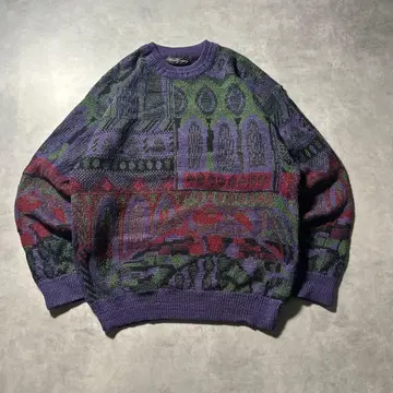 빈티지 퍼플 아트 패턴 모드 아트 패턴 니트 스웨터