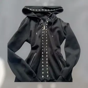 스터드 후드티 블랙 Y2K 허리 마크 지퍼 포켓