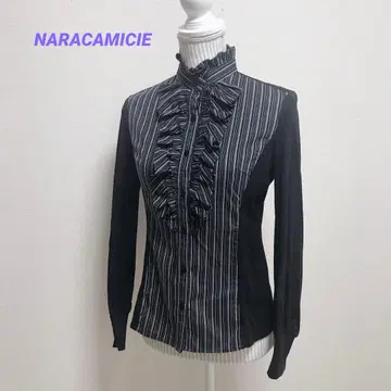 나라 까미체 긴팔 블라우스 프릴 라메라인 블랙 사이즈 1