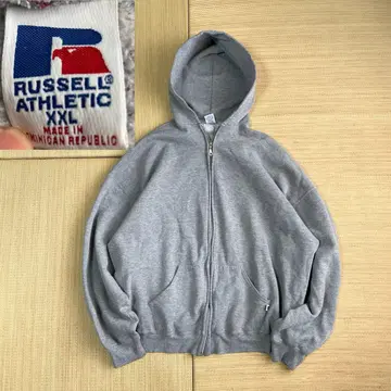 90s 러셀 애슬레틱 풀 집업 후드티 그레이 무지 XXL