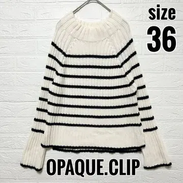 오파크 클립 로우 게이지 리브 하이넥 니트 보더 화이트 [ S ]