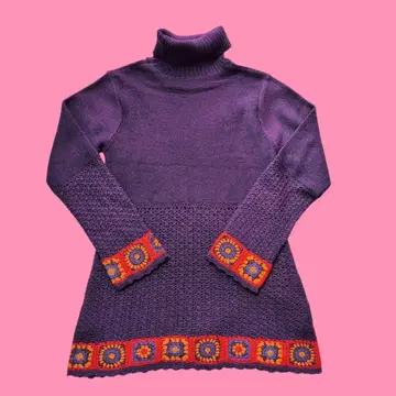 레트로 구제 의류 터틀넥 스웨터 보라색 크로셰 히피