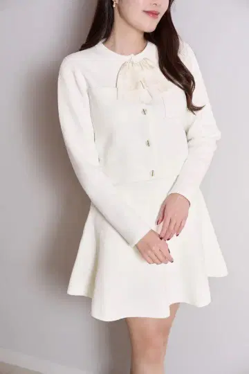 Frill Ribbon Knit Jacket Set ecru